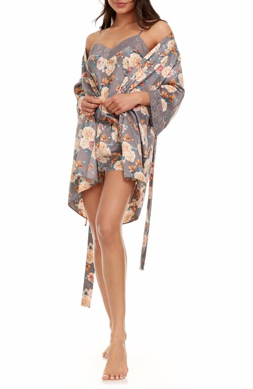 Shop Flora Nikrooz Sabrina Floral Print Satin Short Pajamas & Robe Set In Grey