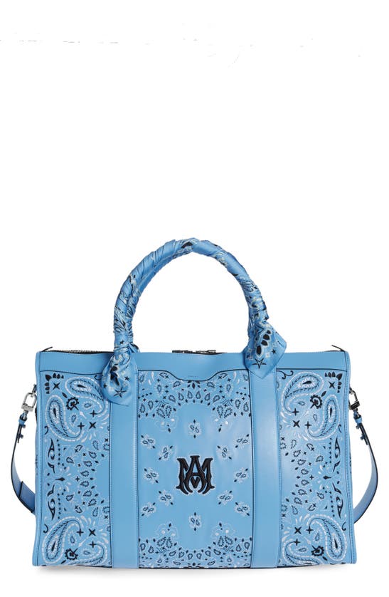 Amiri Bandana Embroidered Leather Weekend Bag In Blue