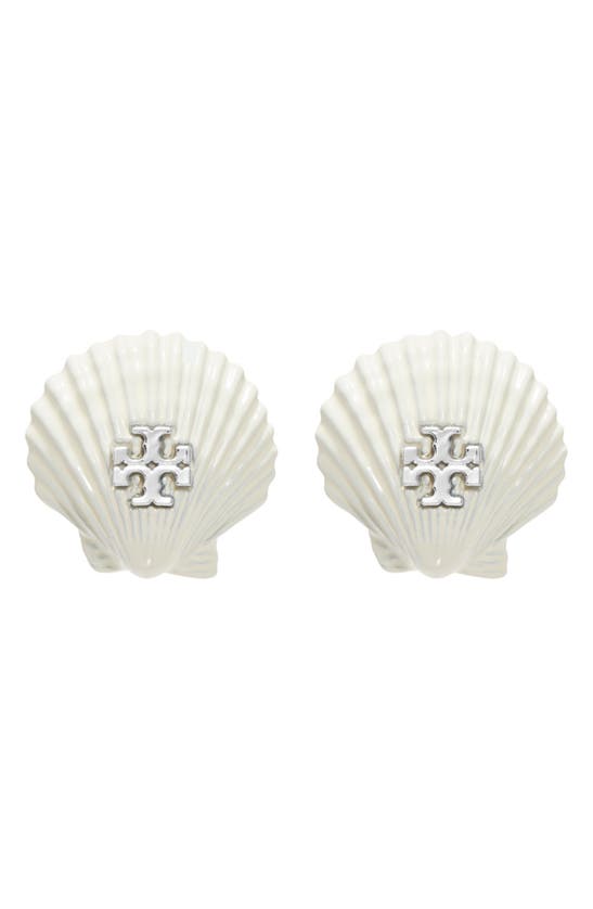Tory Burch Shell Stud Earrings In Tory Silver / Ivory
