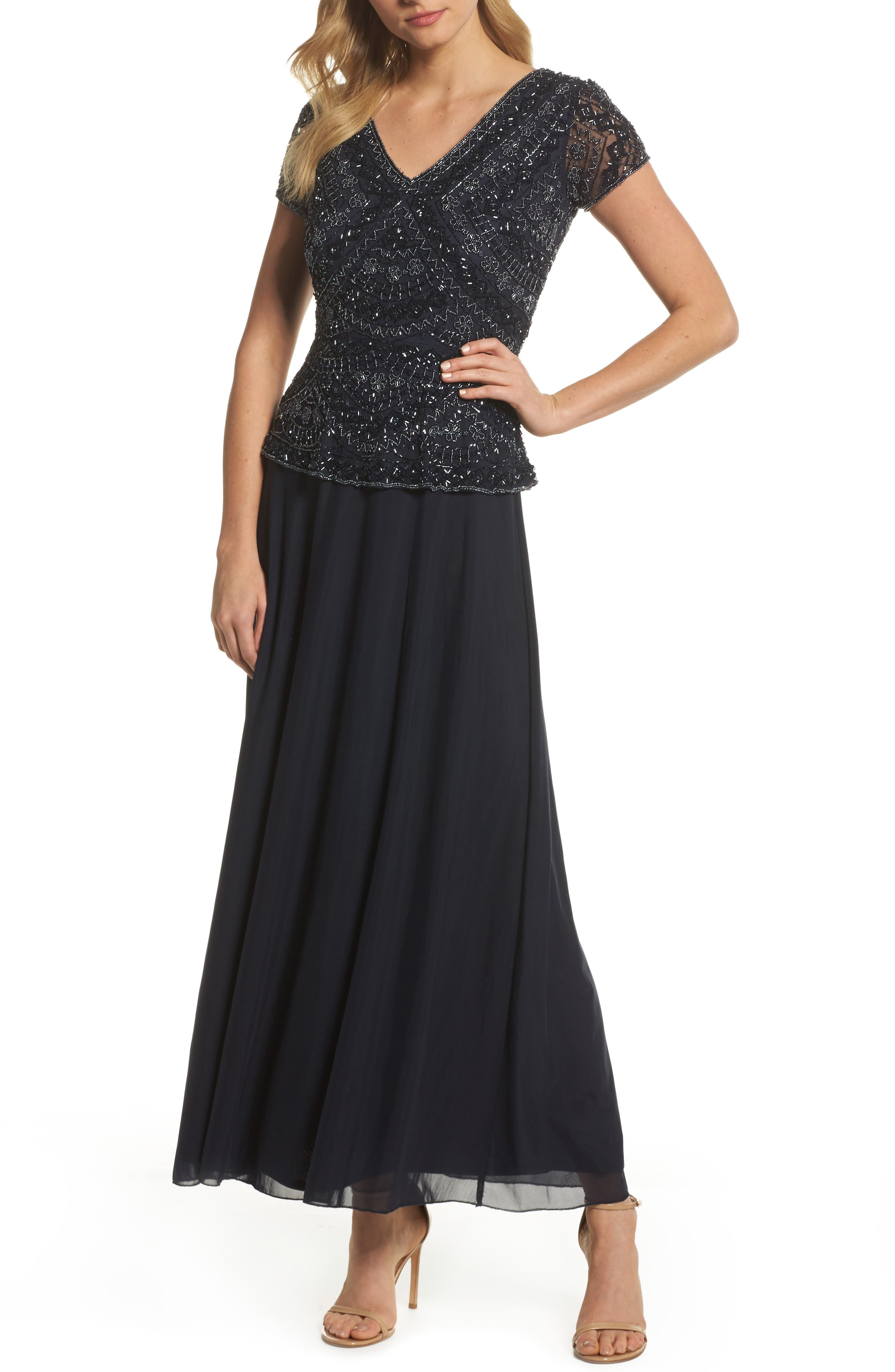 Pisarro Nights Beaded V-Neck Mock Two-Piece Gown, Blue