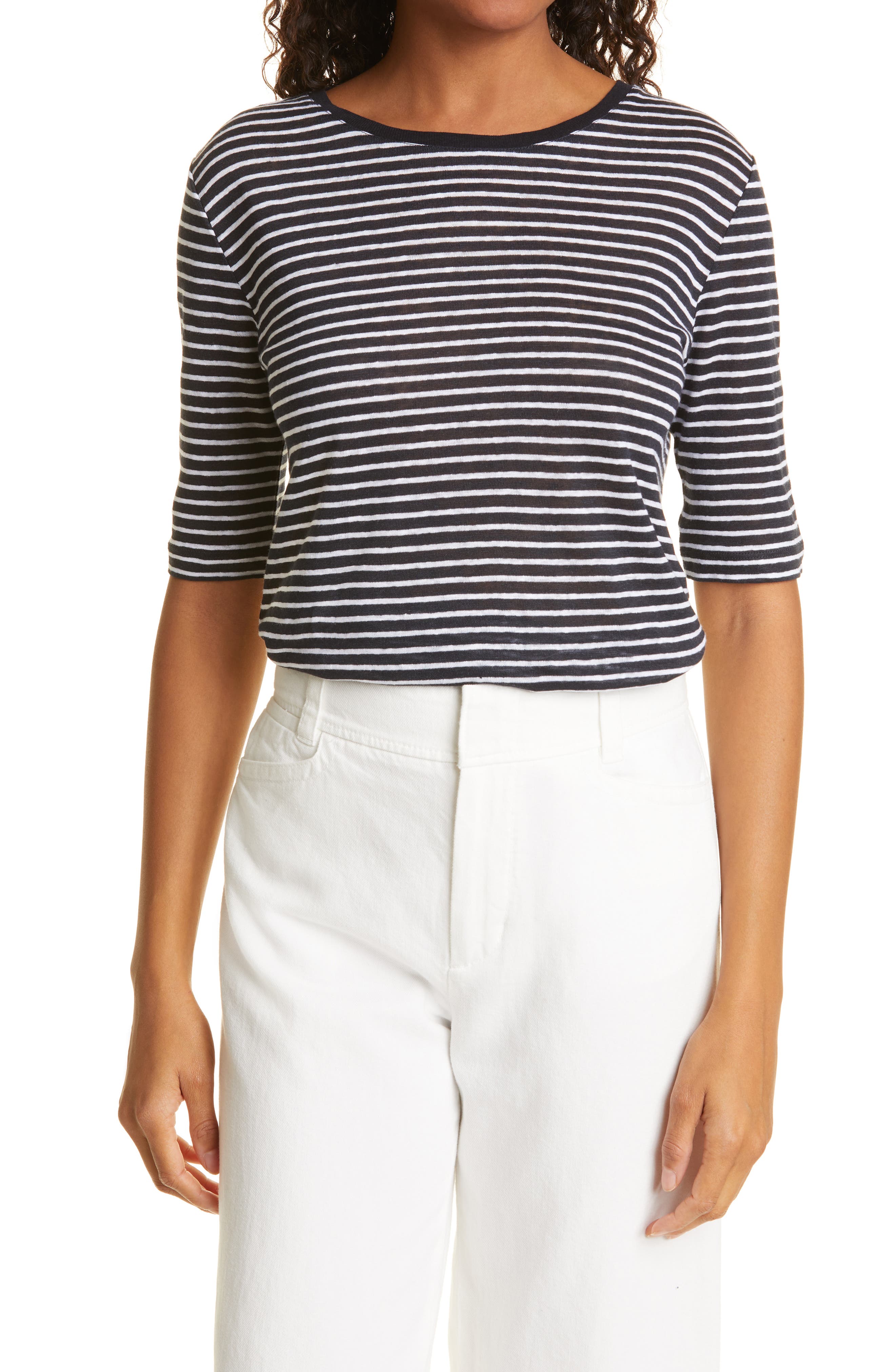 Vince Stripe Elbow Sleeve Linen Top 