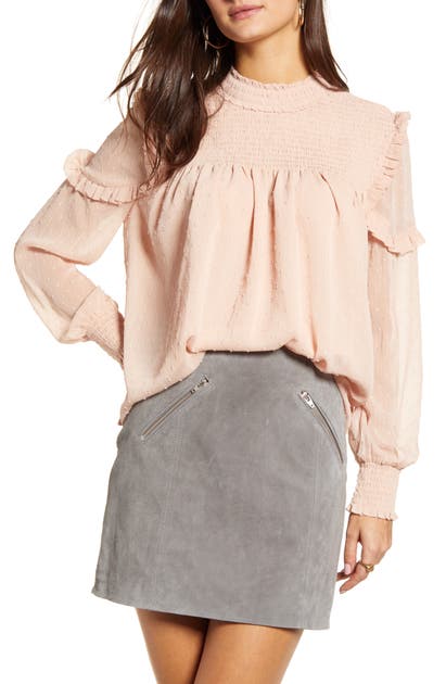 Click to view more detailed imagery on our partner's website English Factory Smocked Ruffle Swiss Dot Blouse In Nude Pink