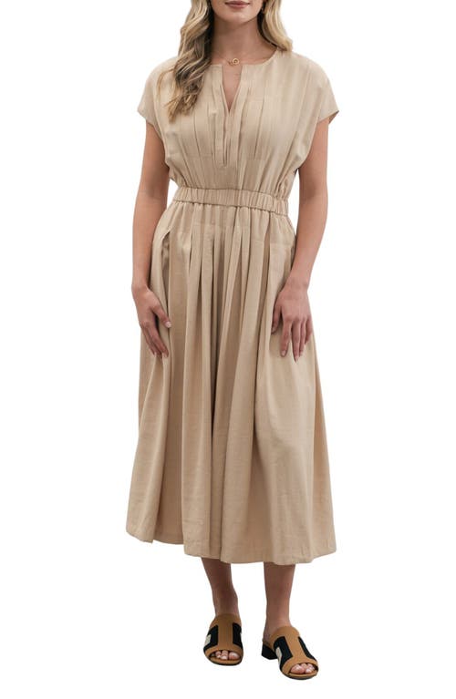ZOE AND CLAIRE Split Neck Pleated Dress in Beige
