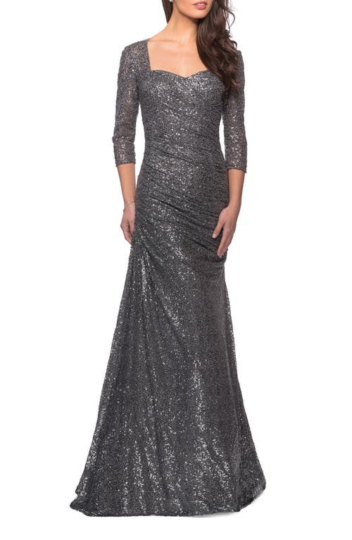 La Femme Ruched Sequin Trumpet Gown in Gunmetal at Nordstrom, Size 4