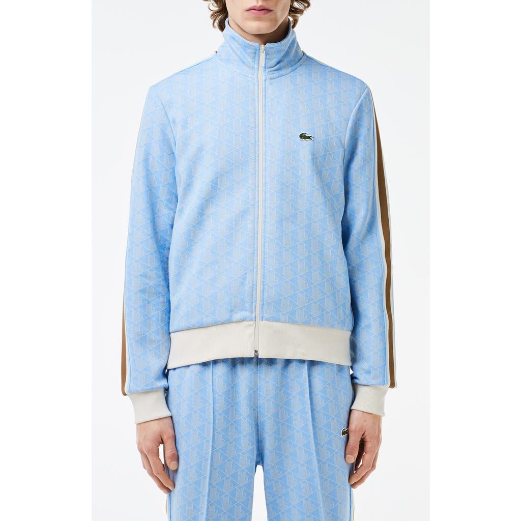 Lacoste Logo Monogram Stripe Track Jacket In Phoenix Blue/flour