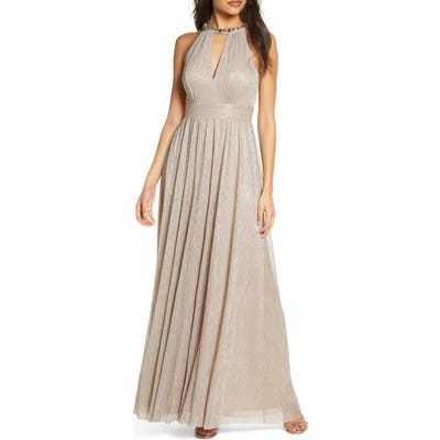 Eliza J Embelished Halter Metallic Knit Gown, Metallic