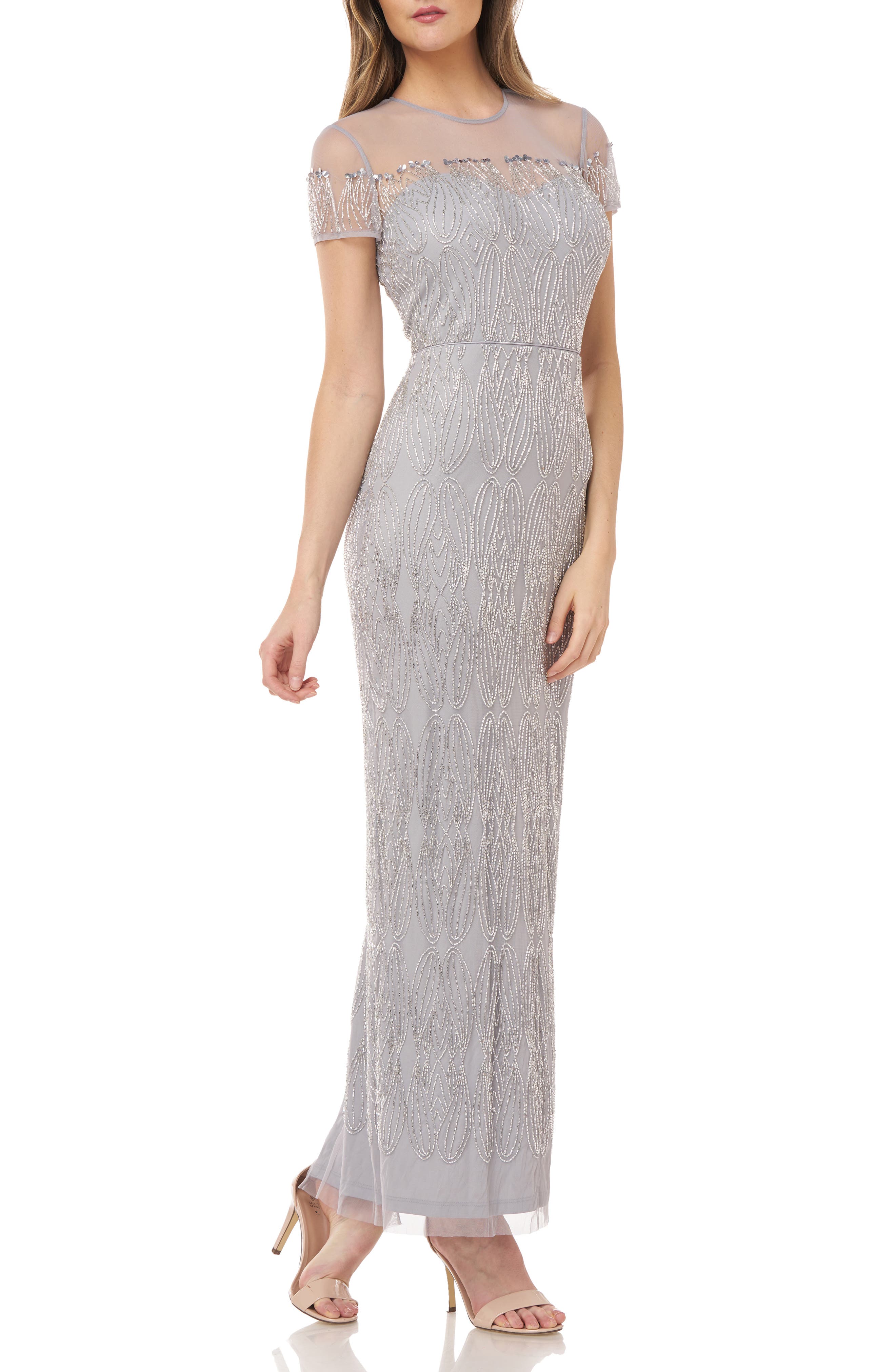 JS COLLECTIONS ILLUSION YOKE BEADED COLUMN GOWN,628292228690