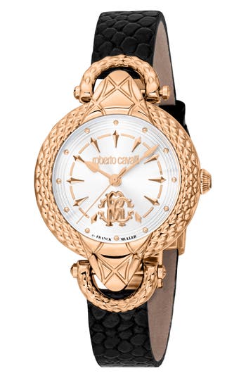 Roberto Cavalli By Franck Muller Swiss Quartz Snakeskin Embossed Leather Strap Watch, 32mm In Black