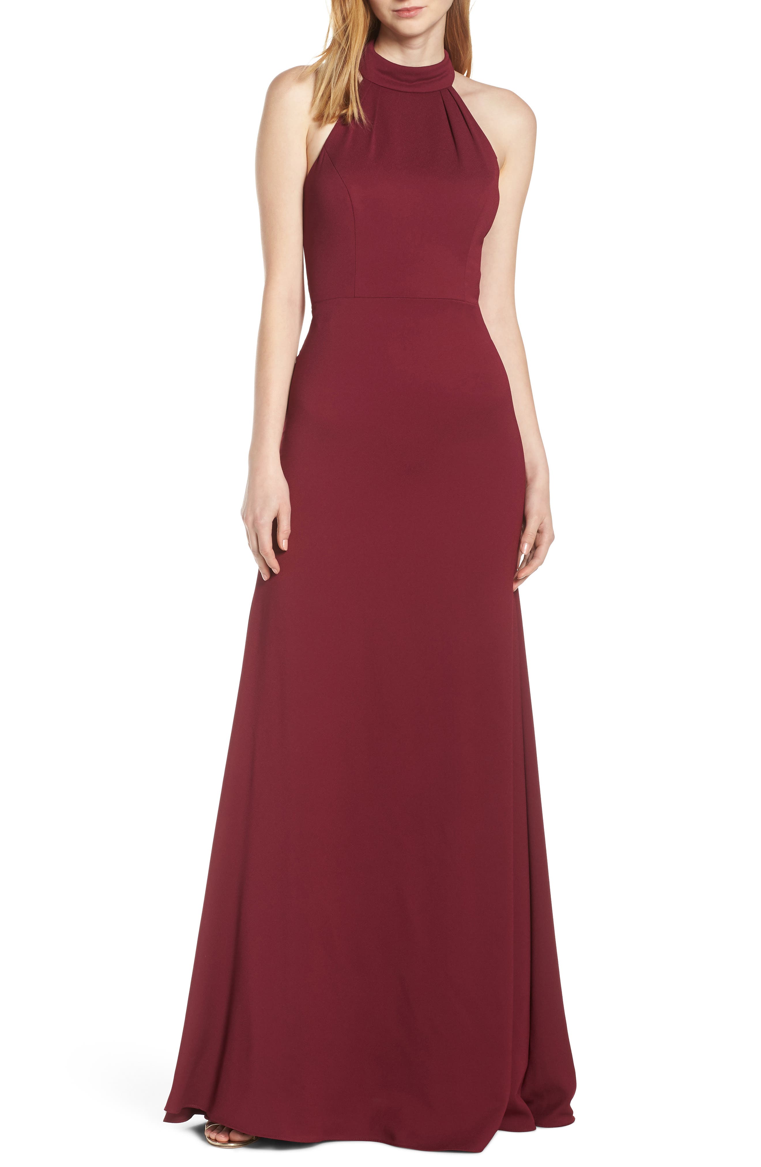 Hayley Paige Occasions Mock Neck Strappy Back Crepe Evening Dress, Burgundy