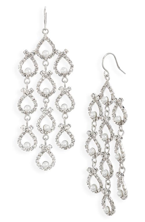 Open Crystal & Imitation Pearl Drop Earrings in Crystal/Pearl/Rhodium