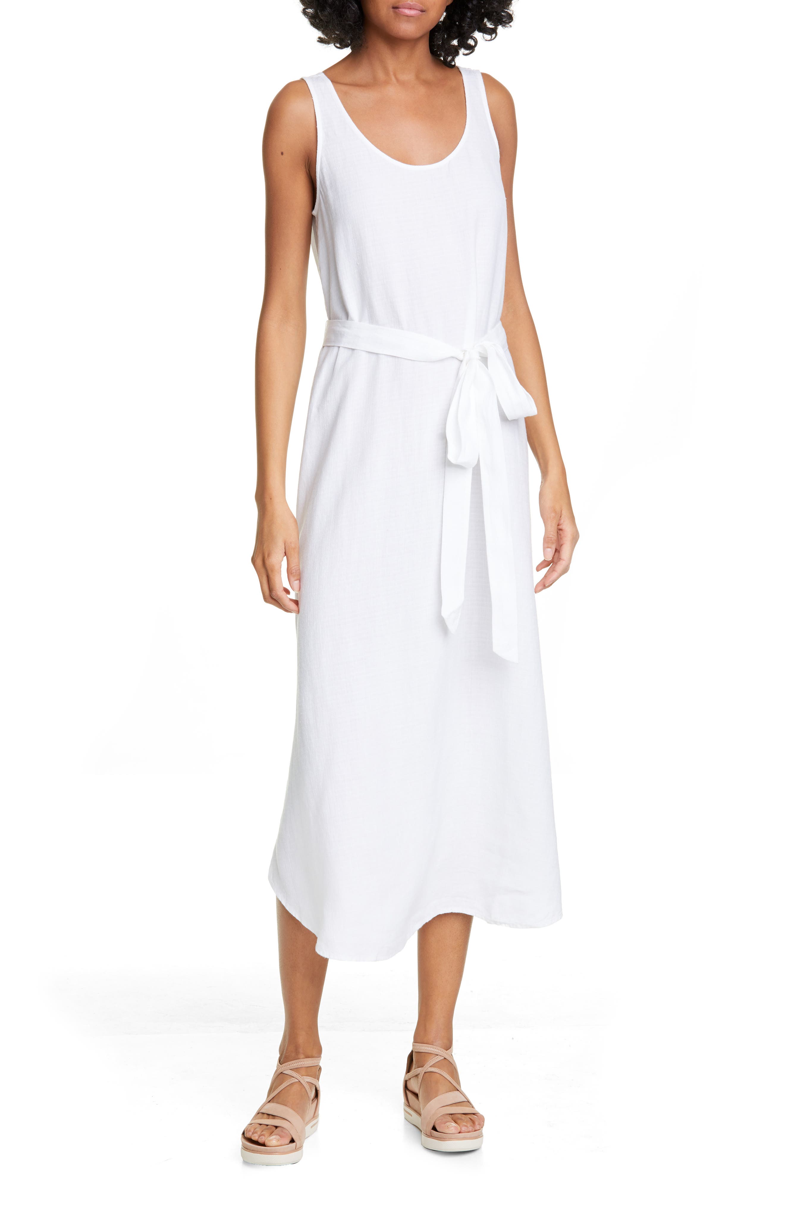 Petite Eileen Fisher Tie Waist Sleeveless Linen Blend Midi Dress, White