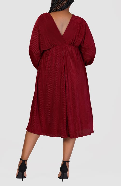 24seven Comfort Apparel Pleat Long Sleeve Fit & Flare Dress In Wine