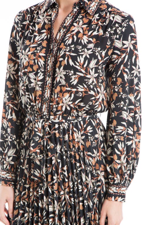 Max Studio Long Sleeve Crepe Collar Pleated Dress In Black Multi