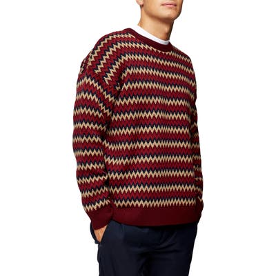 Topman Zigzag Oversize Crewneck Sweater, Red