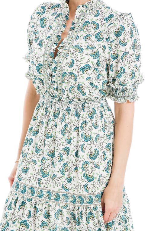 Shop Max Studio Ruffle Collar Print Tiered Maxi Dress In Cream/teal Small Blooms