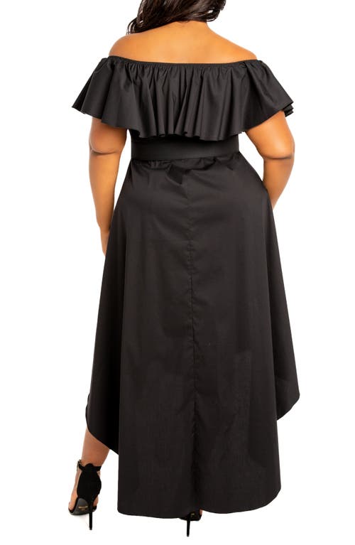 Buxom Couture Flounce Off The Shoulder High-low Dress In Black