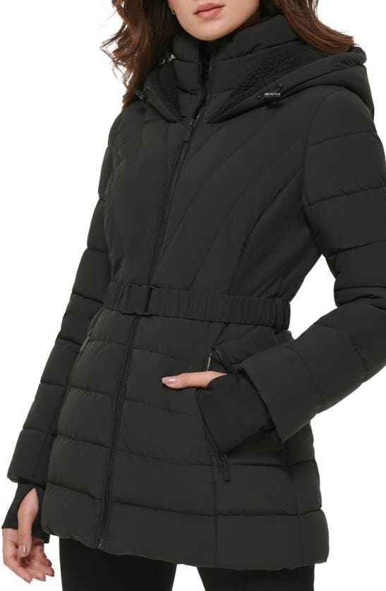 Kenneth Cole New York Berber Belted Stretch Water Resistant Hooded Puffer Jacket In Black