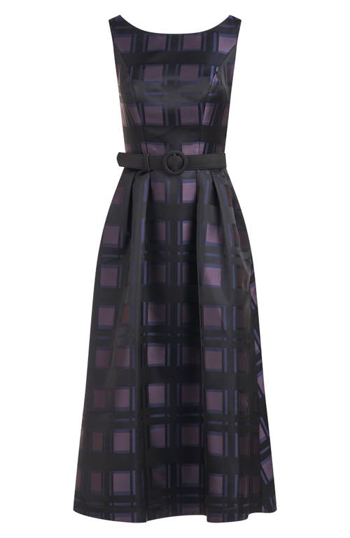 Kay Unger Isla Plaid Pleated Belted Cocktail Dress In Black/night Blue