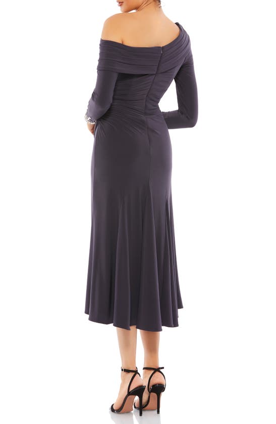 Shop Mac Duggal One-shoulder Long Sleeve Midi Dress In Charcoal