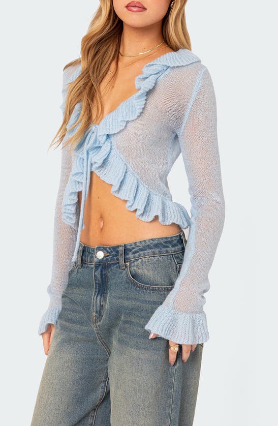 Shop Edikted Ryleigh Ruffle Tie Front Cardigan In Blue