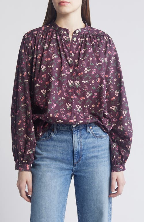 Boho Floral Cotton Button-Up Shirt in Aubergine