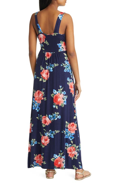 Loveappella Floral Surplice V-neck Knit Maxi Dress In Navy/red