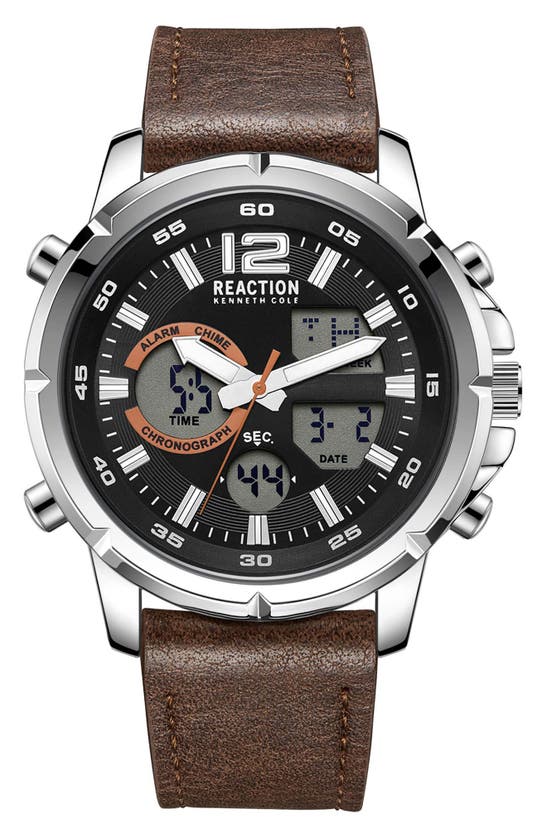 Kenneth Cole Reaction Ana-digit Faux Leather Strap Watch, 48mm In Brown