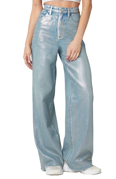 High Waist Metallic Coated Wide Leg Jeans (Silver Star)