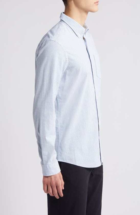 Shop Nordstrom Trim Fit Stripe Stretch Cotton & Linen Button-down Shirt In White- Blue Bengal Stripe