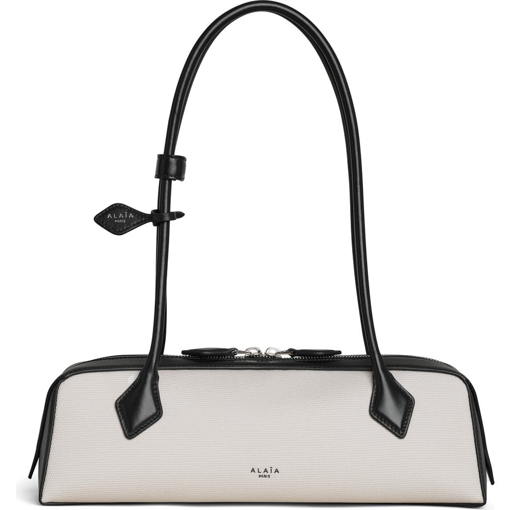 Alaïa Le Teckel Zip Shoulder Bag In Canvas And Leather In Ecru