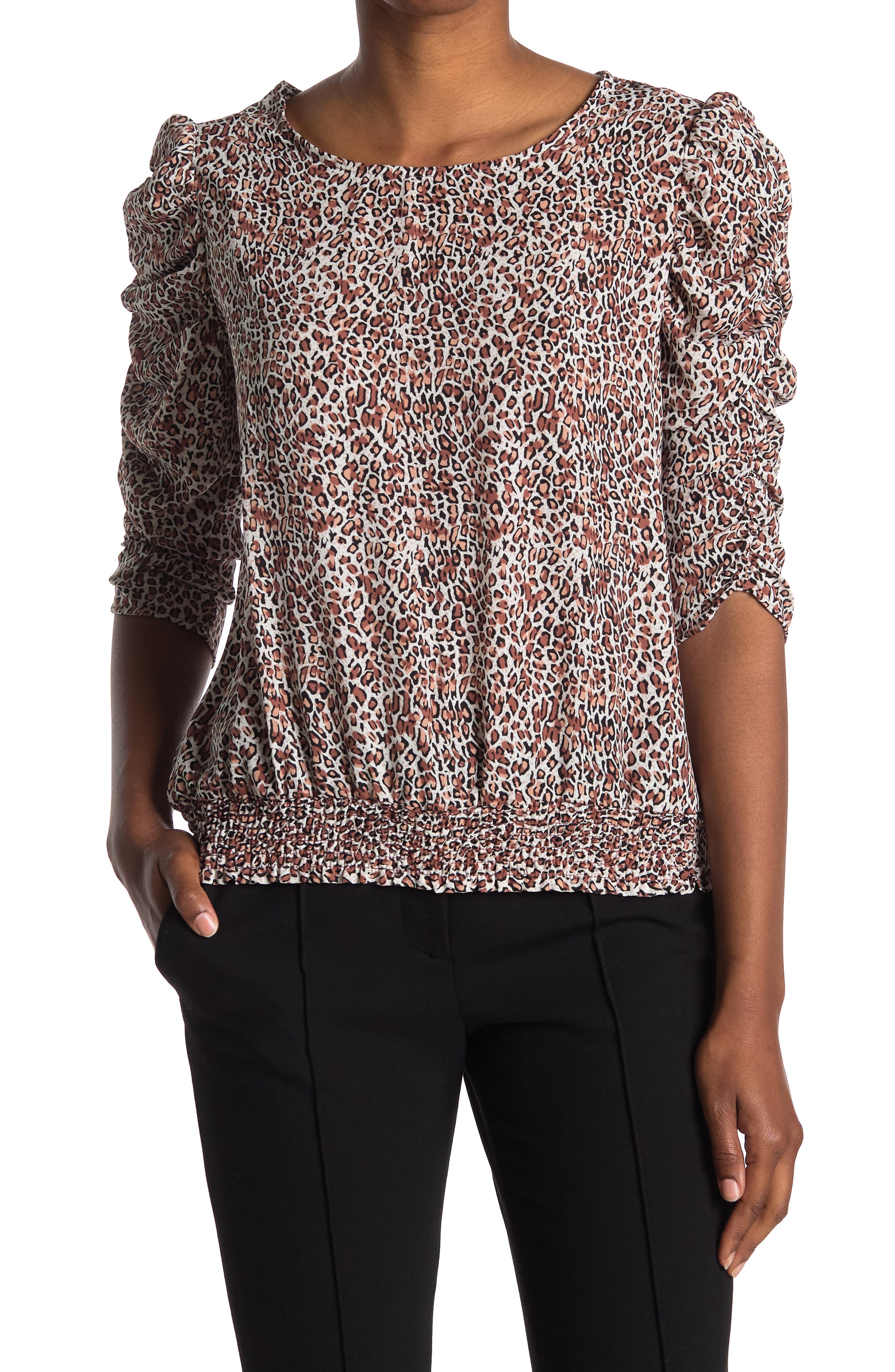 Adrianna Papell Printed Poly Crepe 3/4 Sleeve Blouse In Ivrptcheth