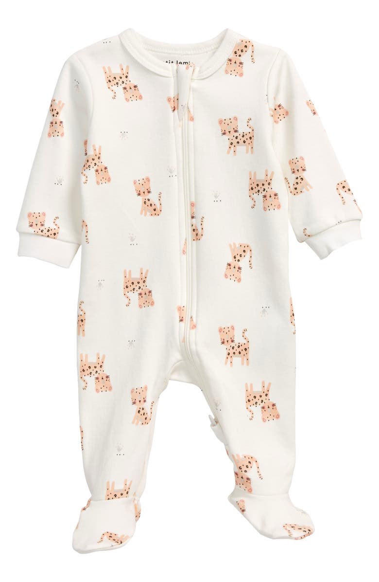 PETIT LEM Baby Leopard Fitted Organic Cotton One-Piece Pajamas, Main, color, 101 OFF WHITE
