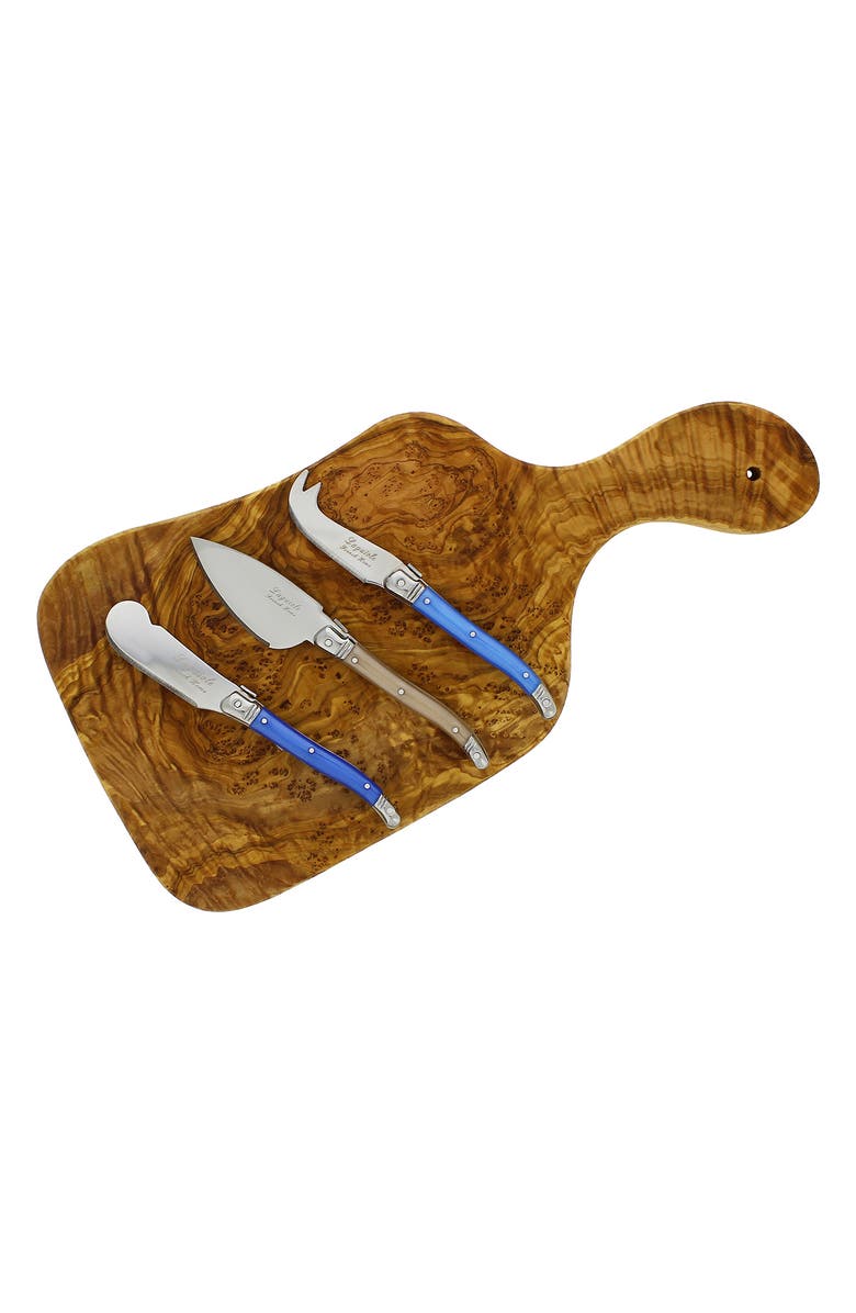 FRENCH HOME 14" Olive Wood Cutting Board & 3 Assorted Laguiole Cheese Knives, Main, color, BLUE AND IVORY