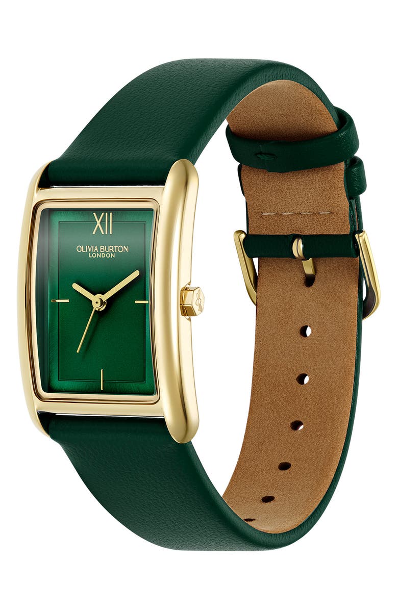 Olivia Burton Grove Rectangular Leather Strap Watch, 23mm, Alternate, color, Forest Green