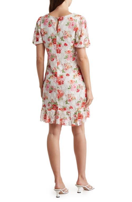 Tash And Sophie Floral Square Neck Lace Minidress In Ivory/multi