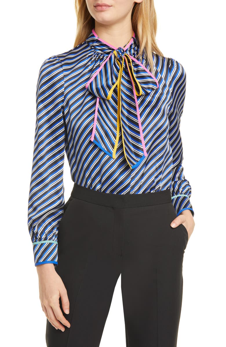 Tory Burch Bias Stripe Contrast Binding Silk Bow Blouse, Main, color, 