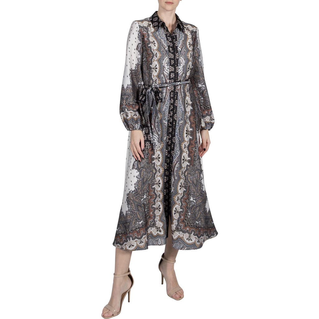Julia Jordan Tie Belt Long Sleeve Midi Shirtdress In Black Multi