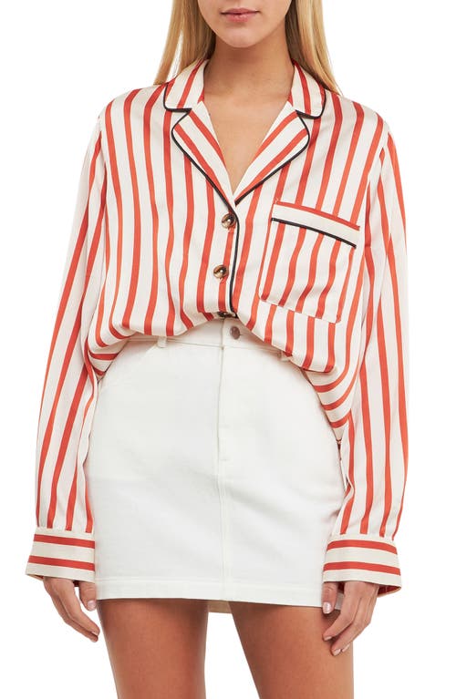 English Factory Striped Satin Button-Up Shirt in Cream/Burnt Orange at Nordstrom, Size Small