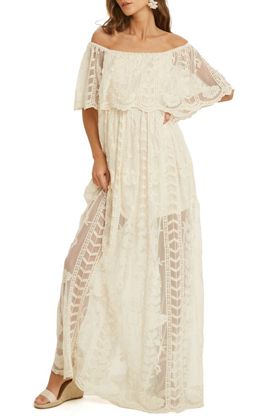 Wishlist Lace Overlay Off-the-shoulder Maxi Dress In Natural