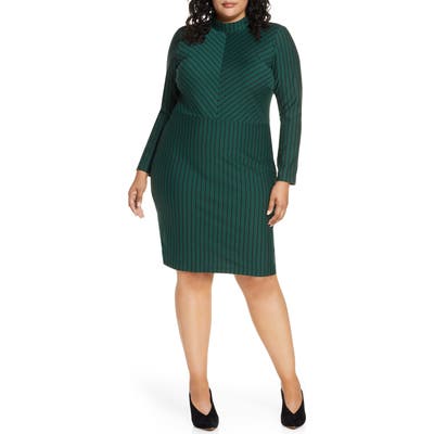 Plus Size Eloquii Long Sleeve Stripe Sheath Dress, Green