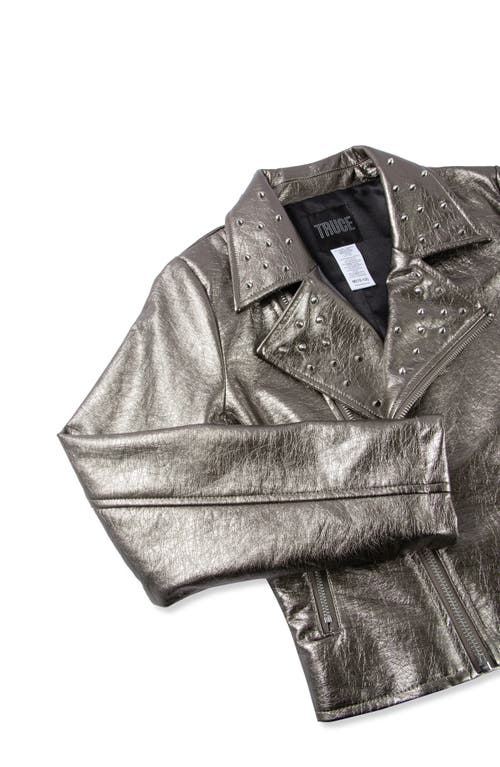 Shop Truce Kids' Studded Metallic Faux Leather Jacket In Gunmetal