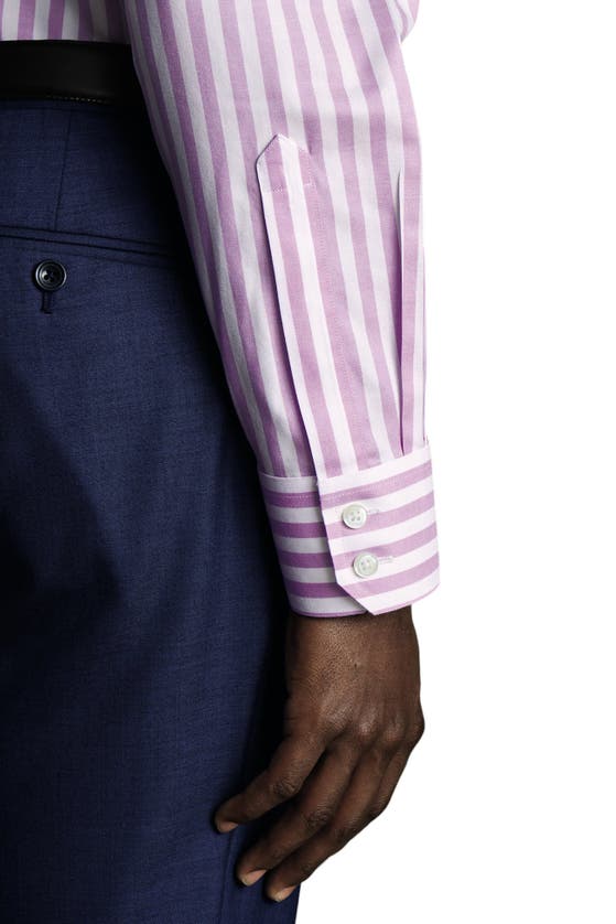 Shop Charles Tyrwhitt Wide Stripe Non-iron Twill Cutaway Slim Fit Shirt Single Cuff In Lilac Purple