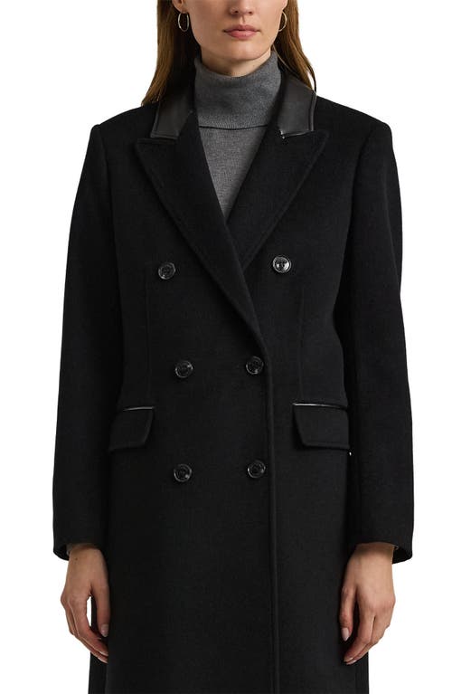 Shop Lauren Ralph Lauren Faux Leather Trim Double Breasted Wool Blend Reefer Coat In Black