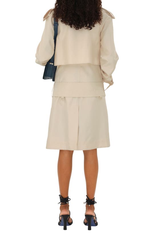 Shop Burberry Double Breasted Drop Waist Belted Silk Blend Trench Coat In Grain