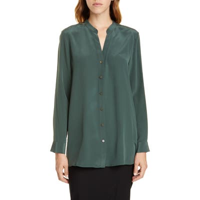 Eileen Fisher Band Collar Silk Blouse, Green
