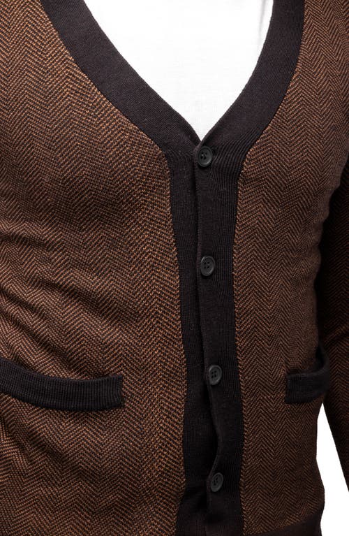 Shop X-ray Xray Herringbone V-neck Button Front Cardigan In Sienna/black