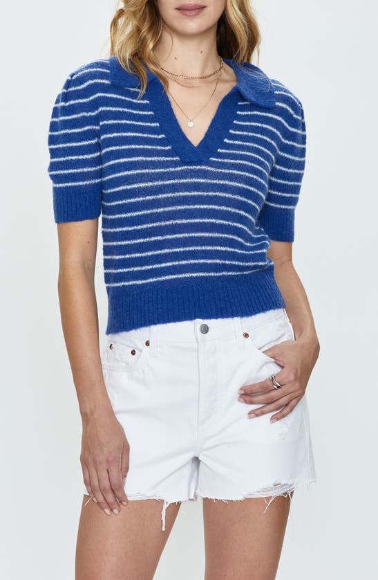 Pistola Billy Stripe Short Sleeve Johnny Collar Sweater In Blue White Stripe