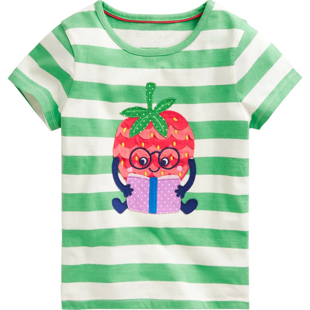 Mini Boden Kids' Reading Strawberry Appliqué Cotton Graphic T-shirt In Spruce Green/ivory Strawberry