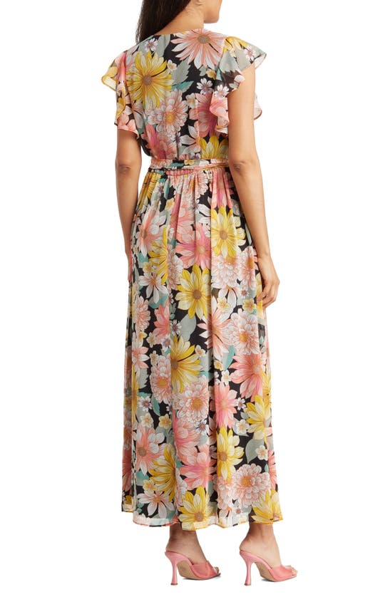 Shop Donna Ricco Flutter Sleeve Pleated Maxi Dress In Pink/yellow Multi