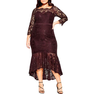 Plus Size City Chic Estella Long Sleeve Lace Mermaid Gown, Red